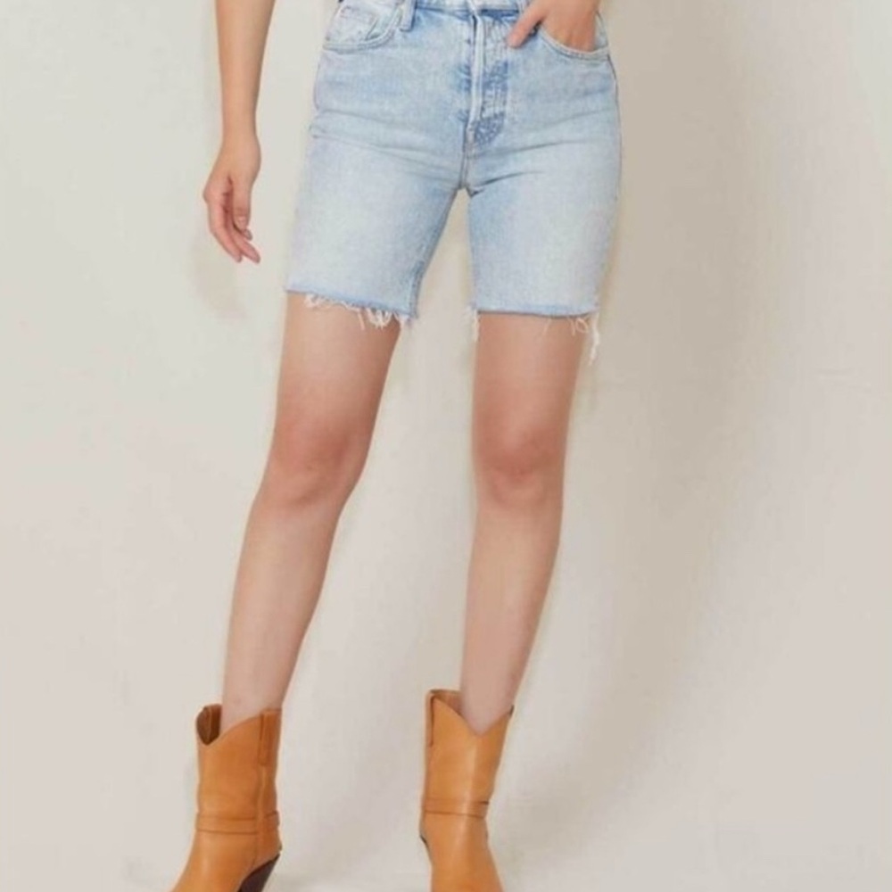 MOTHER The Tripper Ankle Fray Blue Denim Jean Shorts
